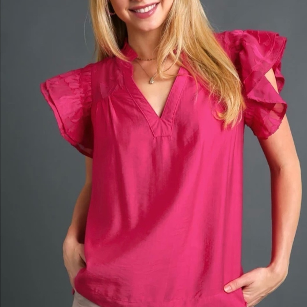 R0325 Elegant Pink Ruffle Sleeve Top